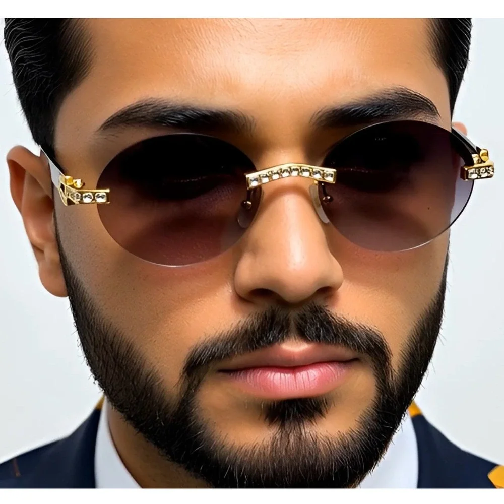 Rimless Sunglasses Round Lens Gold Accent Fashion Shades Men Outfit Gafas Lentes